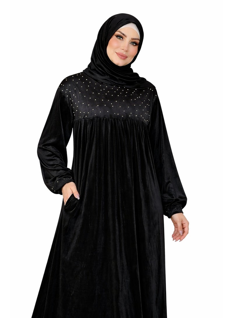 Women’s Velvet Prayer Dress (Isdal) – Elegant Design with Subtle Sparkle – Loose Fit with Matching Hijab - Black - Image 4